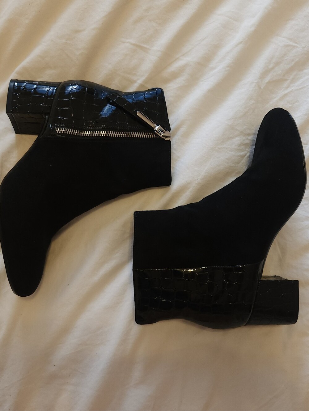 Black Women's Ankle Boots with Croc-Trim Heel and Side Zip